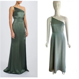 Amsale Womens One Shoulder Satin Side Zip Maxi Dress Long Gown Green Size 0